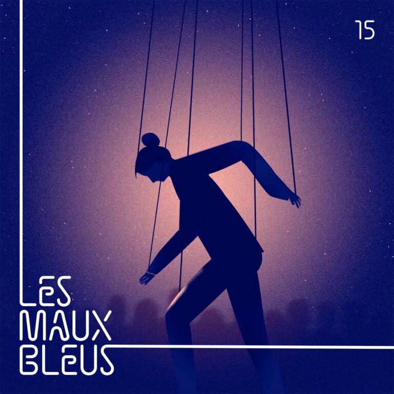 Femme tenue par des fils, telle une marionnette, représentant le milieu de la mode. Manon Combe, pour Les Maux Bleus, un podcast sur la santé mentale.